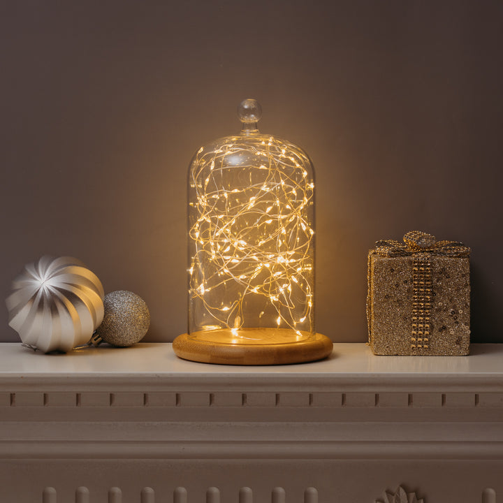 100 LED Micro Lights decorating a glass dome on a mantle