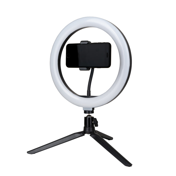 Mobile phone mounted on a tripod featuring a 10 Inch LED Ring Light