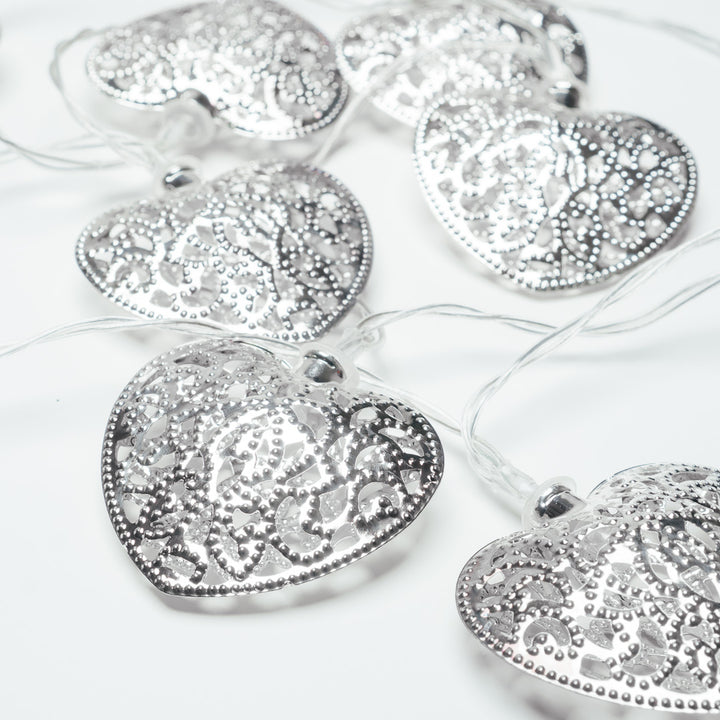 Close-up view of Silver Filigree Heart Fairy Lights