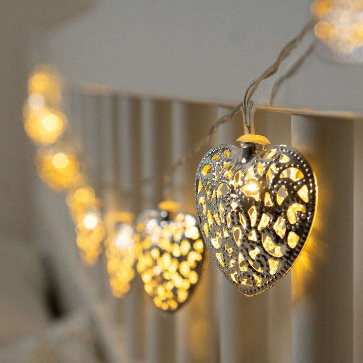 10 LED Silver Filigree Heart Fairy Lights strung together