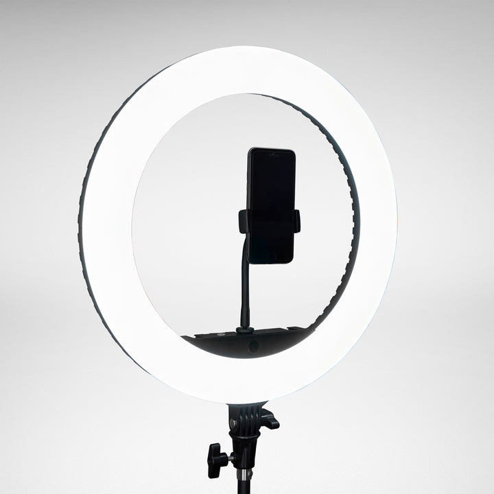 18 Inch LED Ring Light with a phone mounted on it