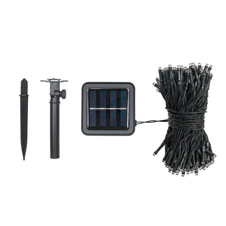 Solar-powered 200 LED string lights with a black cord