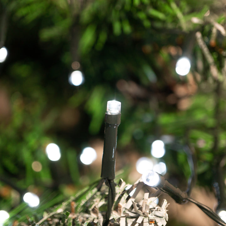 Close-up of a small bulb from the 200 LED Solar Lights on a Christmas tree