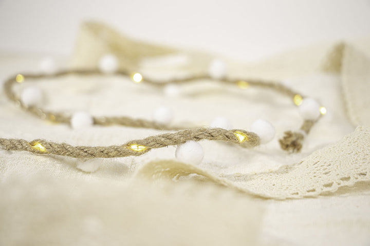 Close-up view of the 20 LED Hemp Rope Fairy String Light with white beads