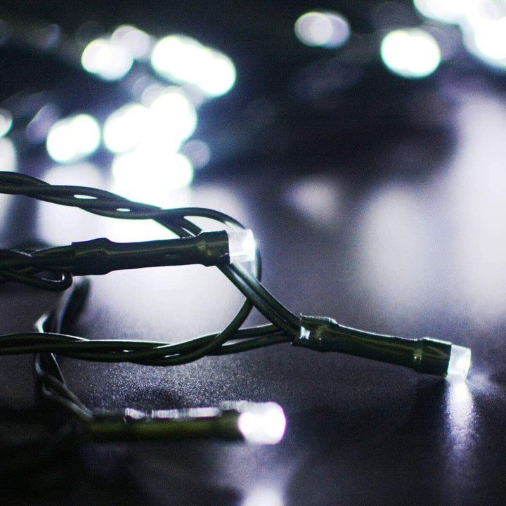 Close-up image of white LED solar string lights
