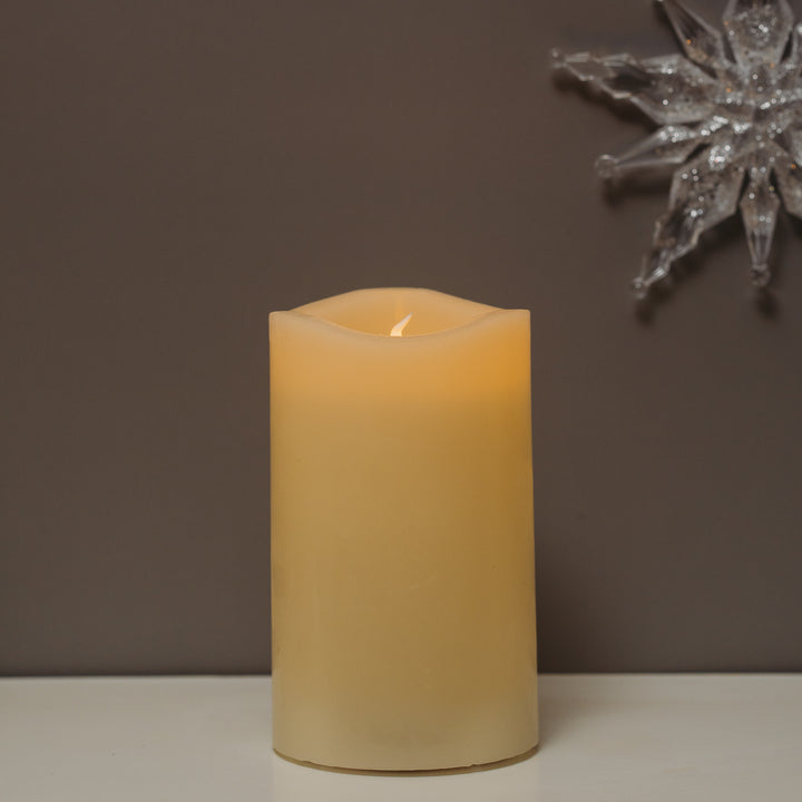 A single LED candle from the 3pc set illuminated against a wall